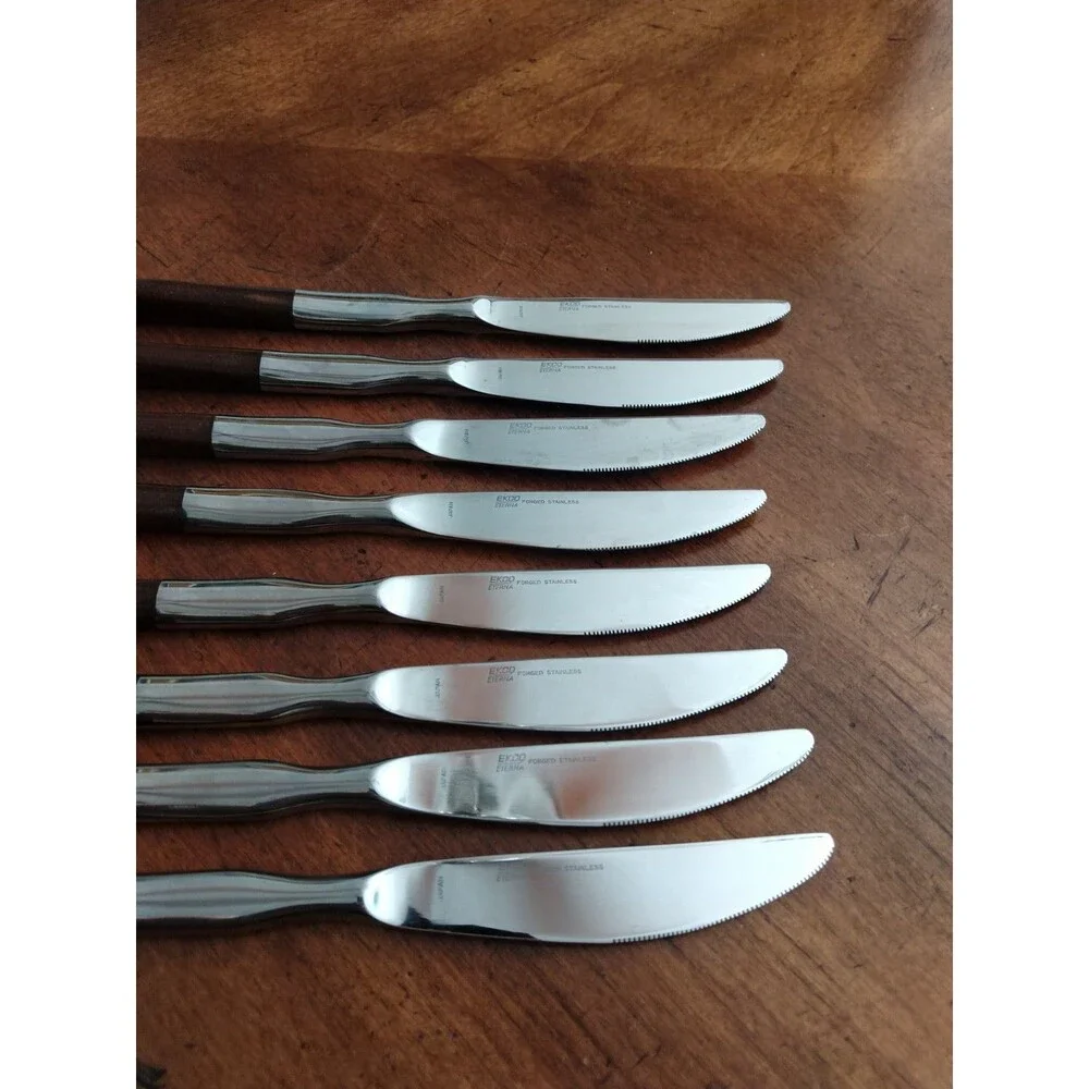 Lot 8x Dinner Knives Ekco Eterna La Joya Stainless Faux Wood MCM EKS14 8.8